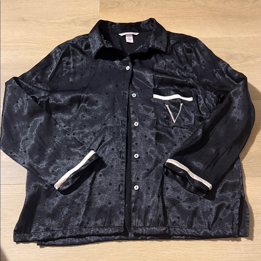 Black Satin /Velvet Button-Up Shirt with Pink Trim